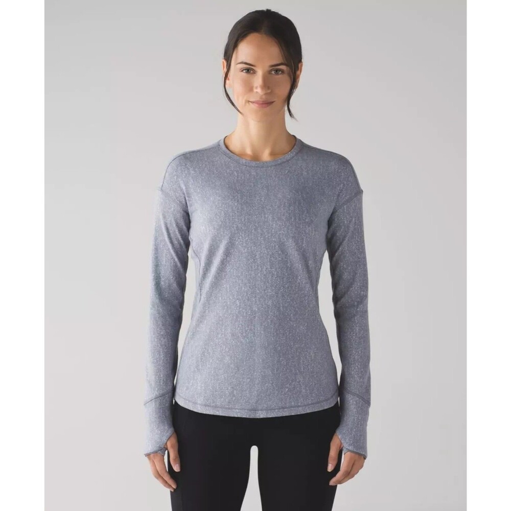 LULULEMON Jacquard Arctic Ice Gray Outrun Long Sleeve Shirt 4 Thumbholes Top B50